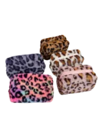 Trousse de toilette et maquillage léopard en fausse fourrure douce et colorée pour femmes avec multiple pochettes uniques
