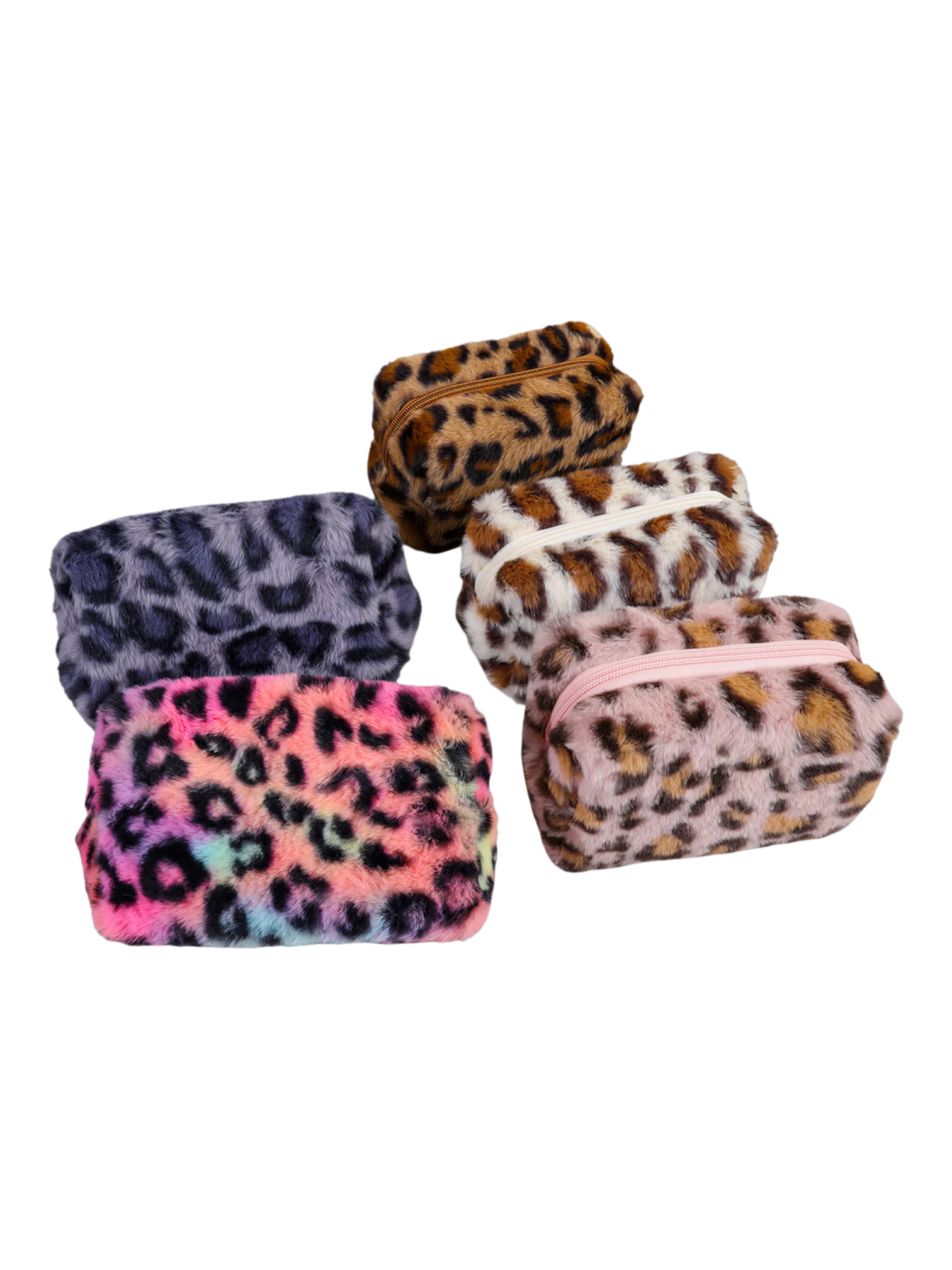 Trousse de toilette et maquillage léopard en fausse fourrure douce et colorée pour femmes avec multiple pochettes uniques