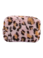 Trousse de toilette et maquillage léopard en fausse fourrure douce rose pour femme accessoire de beauté féminin compact élégant