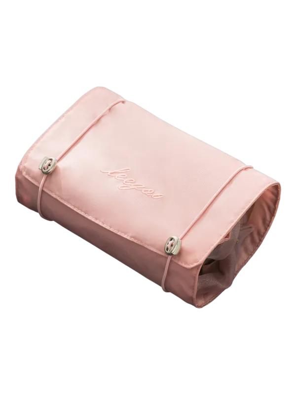 Trousse de toilette et maquillage repliable à suspendre avec pochettes transparentes détachables couleur rose portable multifonctionnelle