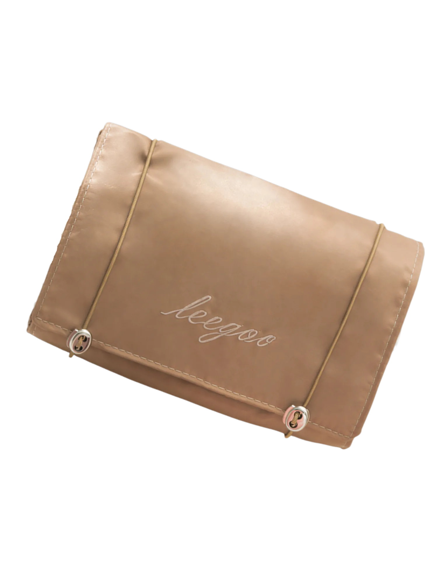 Trousse de toilette et maquillage repliable à suspendre avec pochettes transparentes détachables en satin rose et beige 1