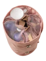 Trousse de toilette et maquillage repliable à suspendre avec pochettes transparentes détachables en tissu rose pour voyage