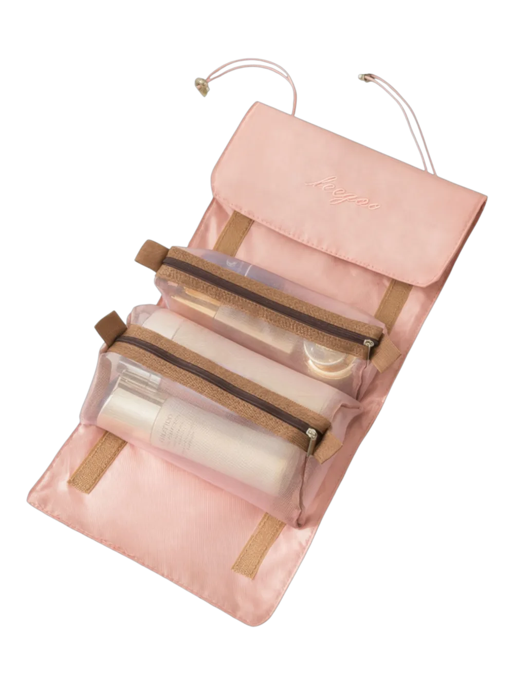 Trousse de toilette et maquillage repliable à suspendre avec pochettes transparentes détachables pink zippered storage with cosmetic bottles and brushes Trousse de toilette et maquillage repliable à suspendre avec pochettes transparentes détachables pink zippered storage with cosmetic bottles and brushes