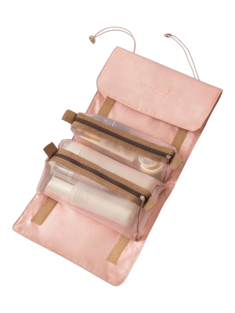 Trousse de toilette et maquillage repliable à suspendre avec pochettes transparentes détachables pink zippered storage with cosmetic bottles and brushes Trousse de toilette et maquillage repliable à suspendre avec pochettes transparentes détachables pink zippered storage with cosmetic bottles and brushes