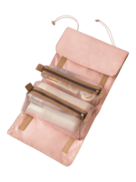 Trousse de toilette et maquillage repliable à suspendre avec pochettes transparentes détachables pink zippered storage with cosmetic bottles and brushes