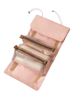 Trousse de toilette et maquillage repliable à suspendre avec pochettes transparentes détachables pink zippered storage with cosmetic bottles and brushes Trousse de toilette et maquillage repliable à suspendre avec pochettes transparentes détachables pink zippered storage with cosmetic bottles and brushes