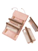 Trousse de toilette et maquillage repliable à suspendre avec pochettes transparentes détachables pink zippered storage with cosmetic bottles and brushes Trousse de toilette et maquillage repliable à suspendre avec pochettes transparentes détachables pink zippered storage with cosmetic bottles and brushes