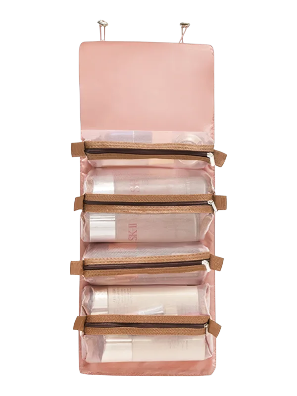 Trousse de toilette et maquillage repliable à suspendre avec pochettes transparentes détachables pour voyage en couleur rose clair