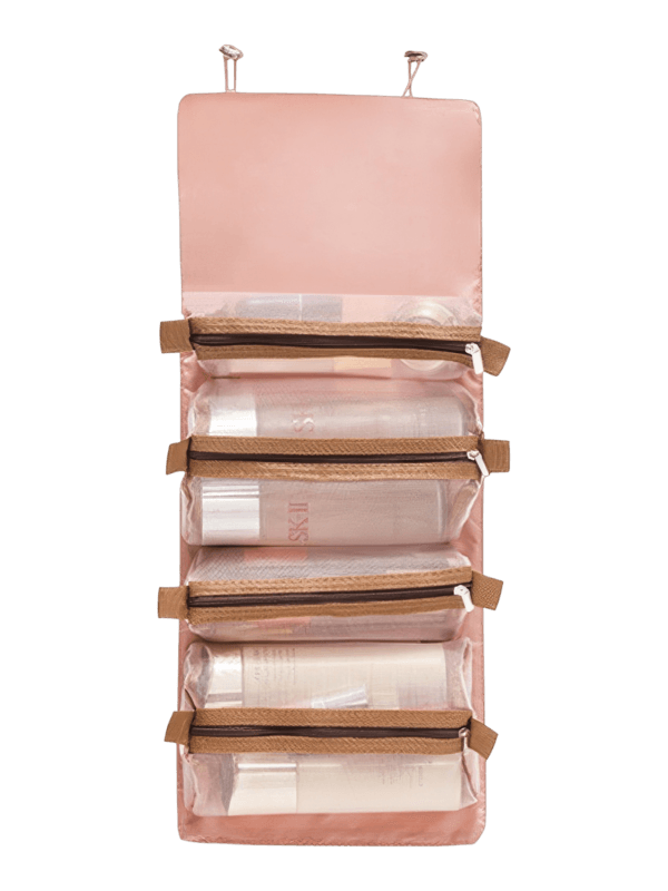 Trousse de toilette et maquillage repliable à suspendre avec pochettes transparentes détachables pour voyage en couleur rose clair Trousse de toilette et maquillage repliable à suspendre avec pochettes transparentes détachables pour voyage en couleur rose clair