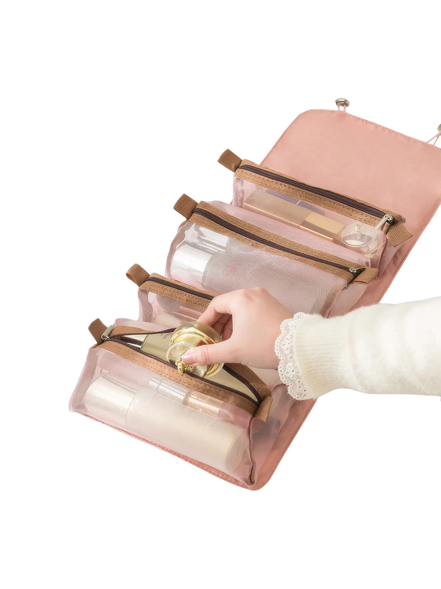 Trousse de toilette et maquillage repliable à suspendre avec pochettes transparentes détachables pour voyage femme avec rangement pratique