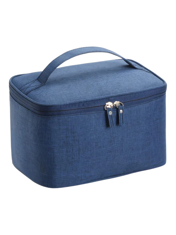 Vanity de toilette homme grande ouverture avec poignée sac de rangement bleu texture en tissu zipper haut accessoires personnels