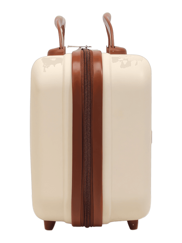 Vanity de voyage rigide pour femme avec poignée et sangle trolley couleur crème et brun compacte et élégante avec zip durable