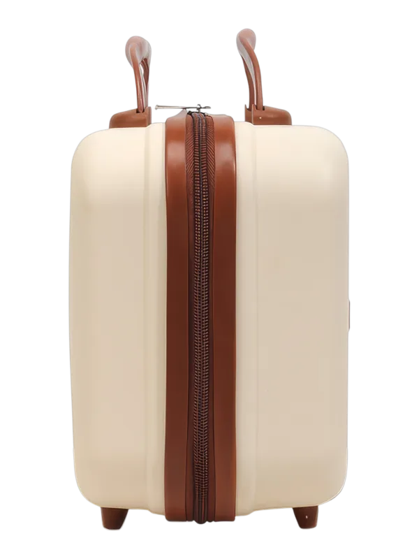 Vanity de voyage rigide pour femme avec poignée et sangle trolley couleur crème et brun compacte et élégante avec zip durable