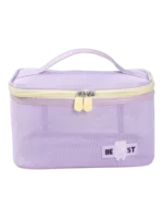 Vanity toilette maquillage en maille semi transparent pour femme en tissu lilas avec zip et poignée pratique