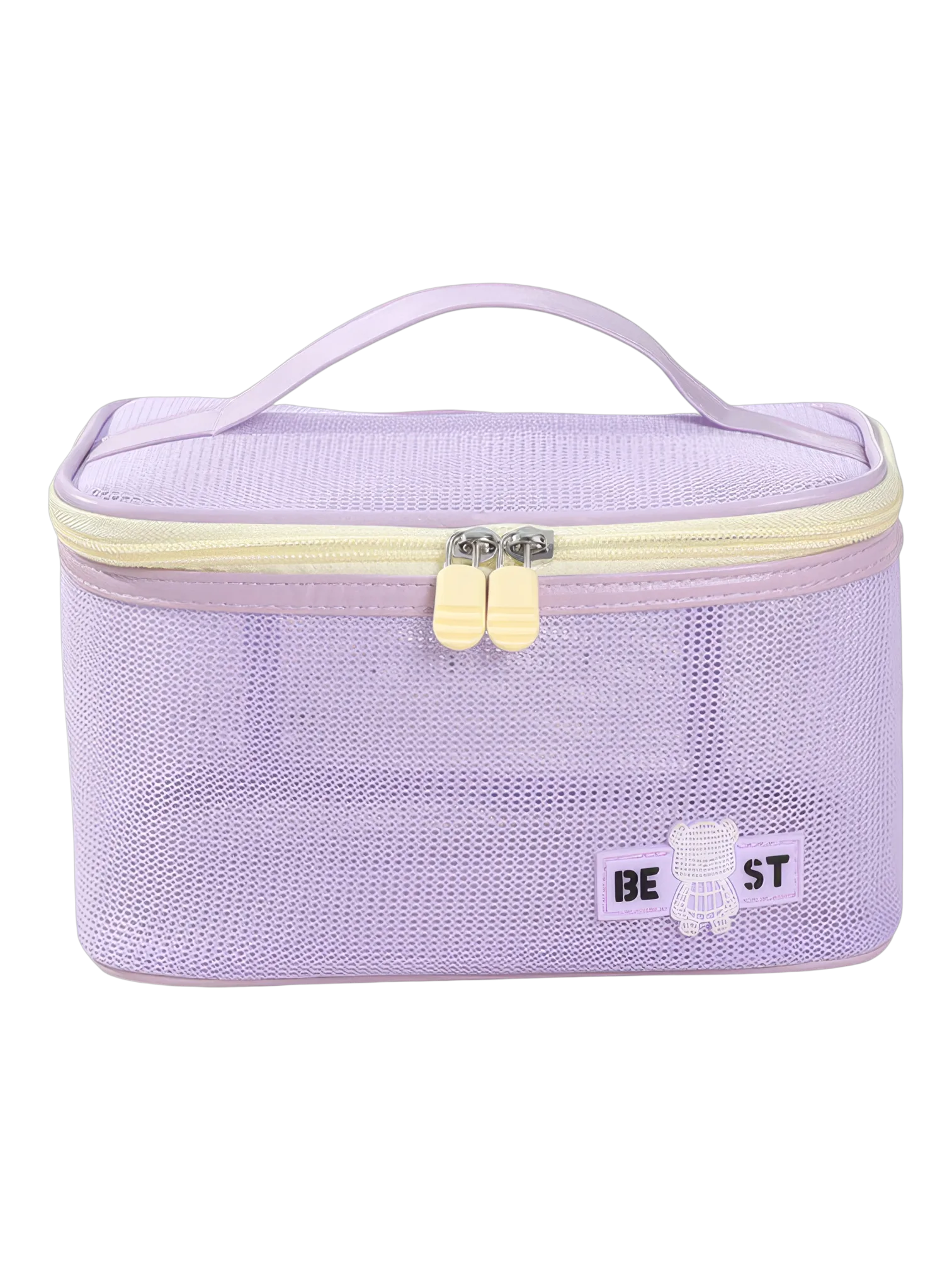 Vanity toilette maquillage en maille semi transparent pour femme en tissu lilas avec zip et poignée pratique
