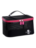 Vanity toilette maquillage en maille semi transparent pour femme noire avec zip rose et poignée pratique Vanity toilette maquillage en maille semi transparent pour femme noire avec zip rose et poignée pratique