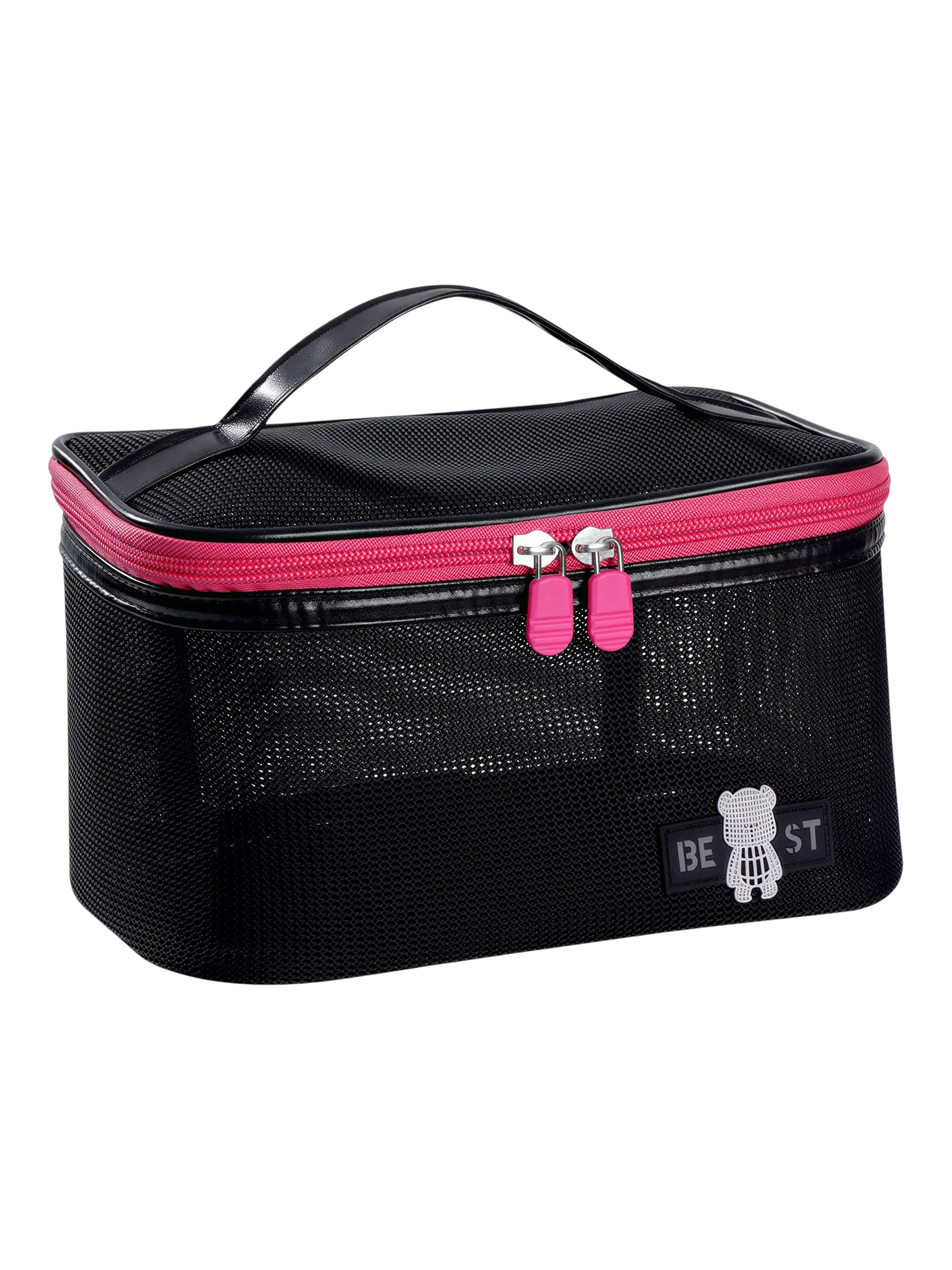 Vanity toilette maquillage en maille semi transparent pour femme noire avec zip rose et poignée pratique