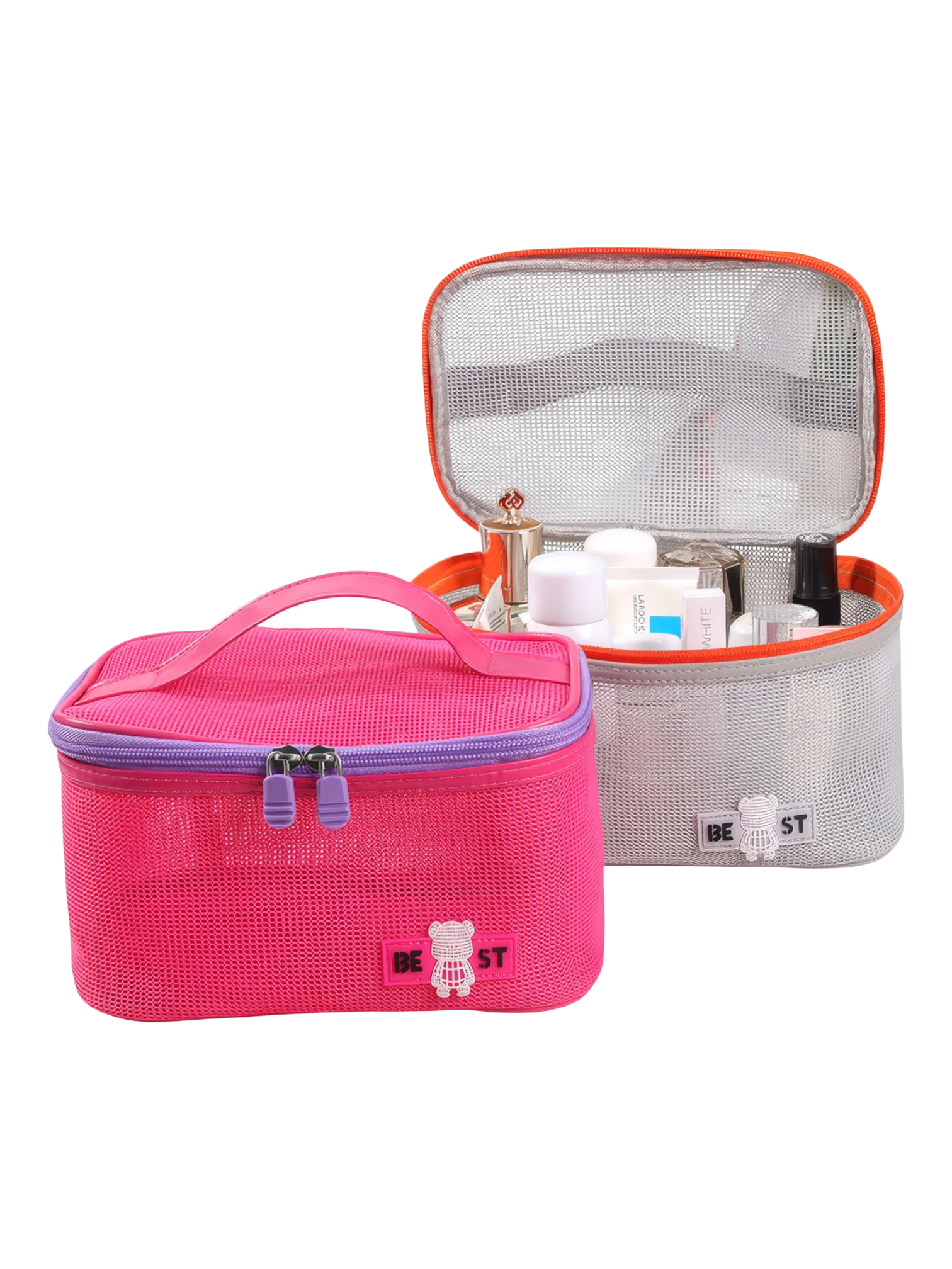 Vanity toilette maquillage en maille semi transparent pour femme sacs de rangement couleur rose et argent