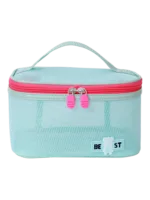 Vanity toilette maquillage en maille semi transparent pour femme trousse de rangement pour cosmétiques bleu clair avec zip rose
