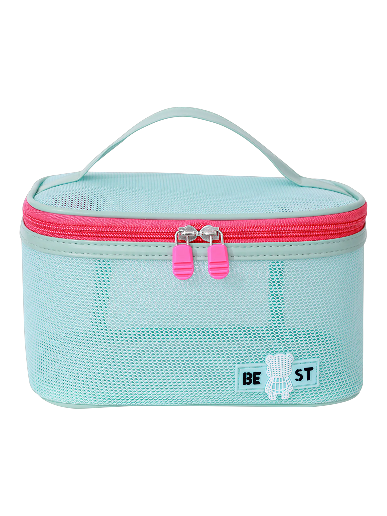 Vanity toilette maquillage en maille semi transparent pour femme trousse de rangement pour cosmétiques bleu clair avec zip rose